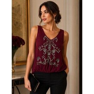 Hazel Women’s Small Sleeveless Beaded Chiffon Top Burgundy Sequin Embellished